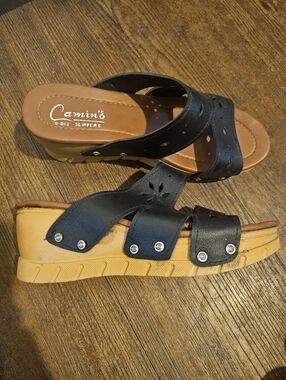 Black Leather Slide Sandals